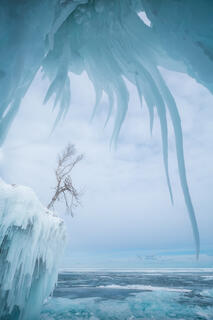 apostle islands ice cave on cat island with gigantic icicles 