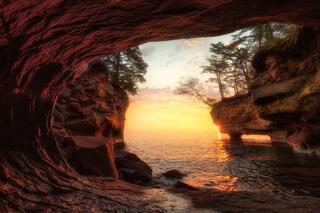 sunrise from a sea cave  in the apostle islands national lakeshore