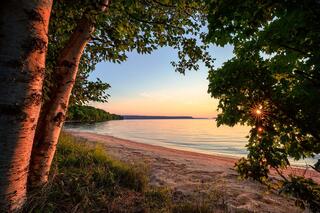 manitou island campsite at sunset with birch trees in the apostle islands