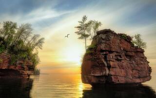 gull in flight in the apostle islands national lakeshore on lake superior wisconsin
