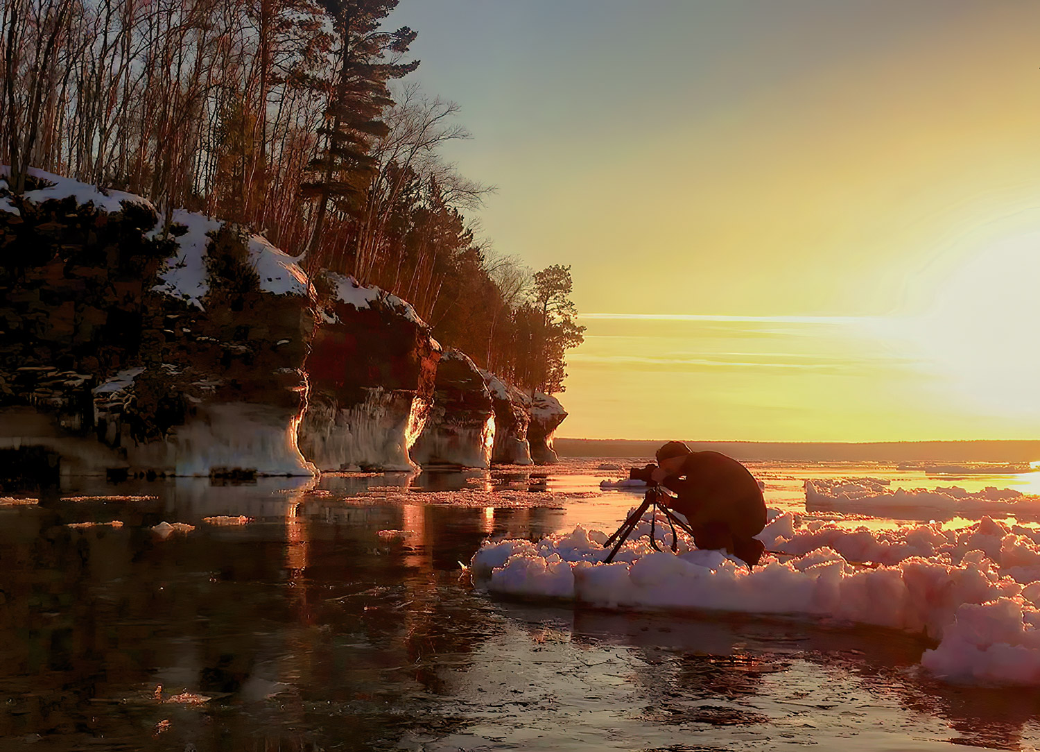 apostle islands ice caves with floating icebergs at sunset