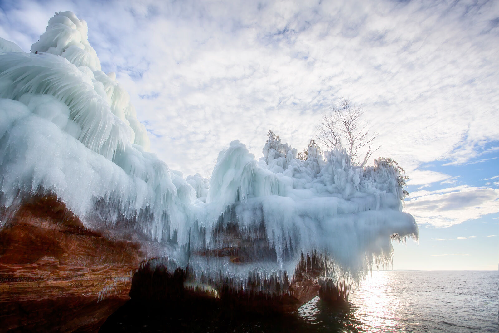 ice caves on devil's island in december with open water 